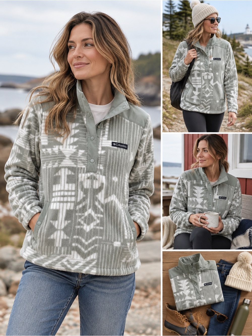Columbia Women's Sage Green Patterned Teddy Fleece Pullover